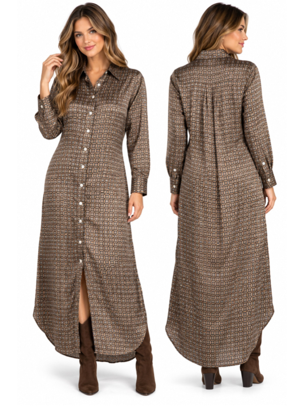 Banana Republic Muse 100% Silk Geometric Maxi Shirt Dress Petite XXS Brown Gold